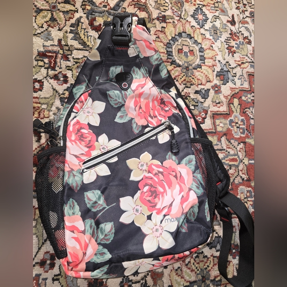 Floral Backpack with Pink and Black Design
